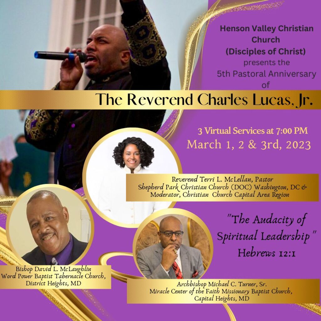 5th Anniversary Virtual Service of Rev. C. Lucas on March 1-3, 2023 at 7pm. Presented by Herndon Valley Christian Church (DoC); 1st guest speaker is Rev. Terri McLellan of SPCC